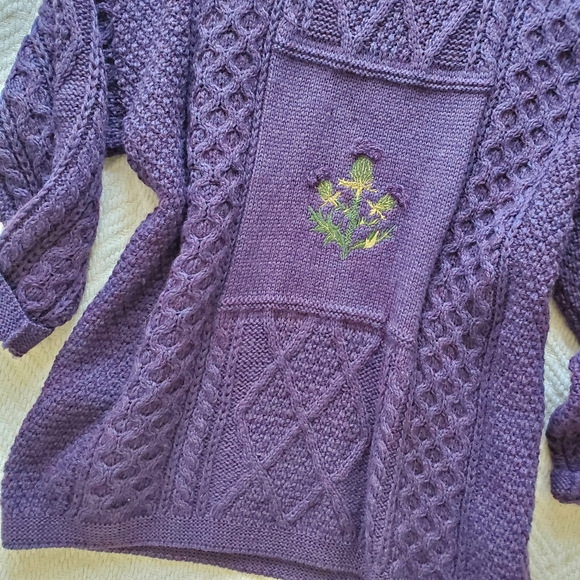 Vintage Acorn Chunky Aran Knit Purple Wool Thistle Fisherman Sweater - Picture 2 of 16
